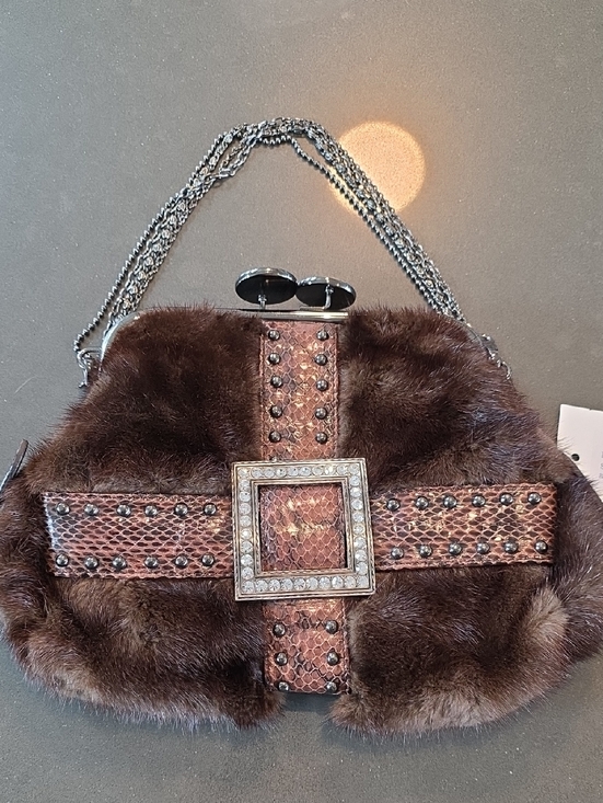 Source Unknown Handbags - Brown Mink and Snake-Texture Evening Bag with Rhinestone Buckle & Kiss Closure